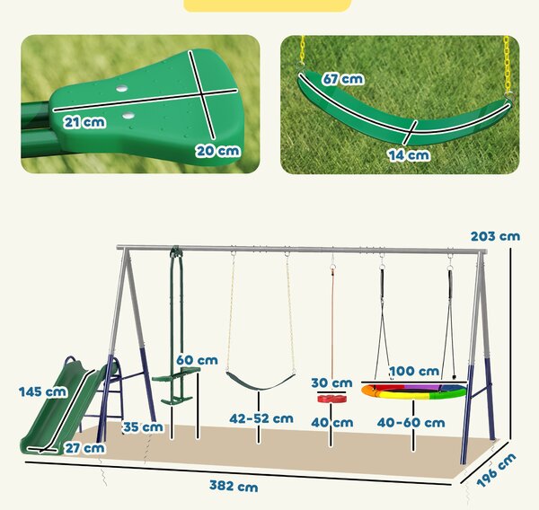 AIYAPLAY Altalena a Portico per Bambini 5 in 1 con Scivolo, 3 Altalene, Faccia a Faccia, Altezza Regolabile, 3-8 anni, Multicolore | Aosom Italy