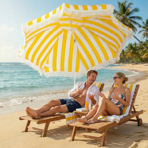 Outsunny Ombrellone da Spiaggia con Frange Ø180 cm Ombrellone per Terrazza Esterno Altezza Regolabile Inclinazione 30° Giallo e Bianco | Aosom Italy