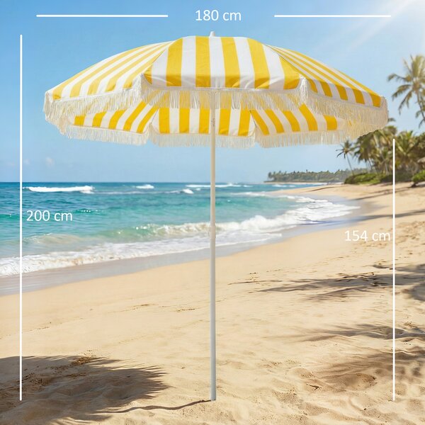 Outsunny Ombrellone da Spiaggia con Frange Ø180 cm Ombrellone per Terrazza Esterno Altezza Regolabile Inclinazione 30° Giallo e Bianco | Aosom Italy
