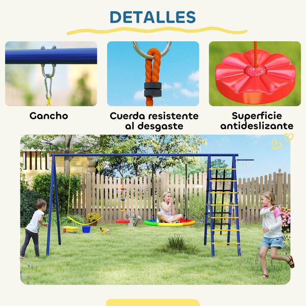 AIYAPLAY Set di Altalene 6 in 1 per Bambini con Nido Scala Rete per Arrampicata Canestro 350x183x200 cm Multicolore | Aosom Italy