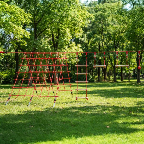 AIYAPLAY Ninja Line Set Slackline per Bambini 10 m con Anelli, Altalena, Scala da Arrampicata, Rete da Arrampicata per 3-6 anni 1000x300x180 cm Rosso | Aosom Italy