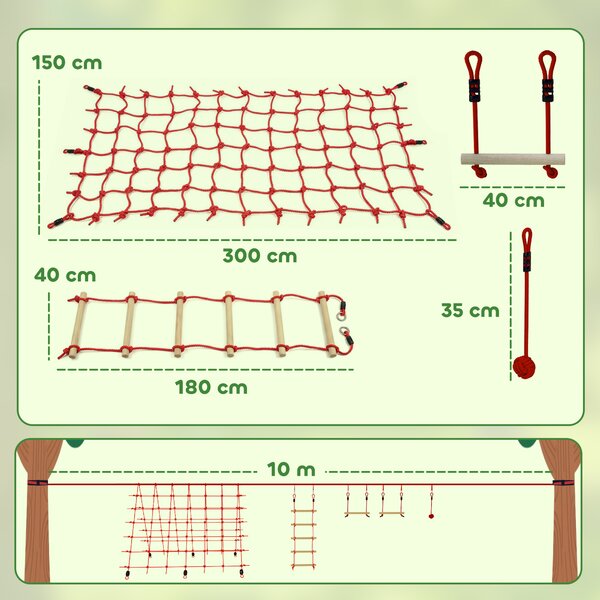 AIYAPLAY Ninja Line Set Slackline per Bambini 10 m con Anelli, Altalena, Scala da Arrampicata, Rete da Arrampicata per 3-6 anni 1000x300x180 cm Rosso | Aosom Italy