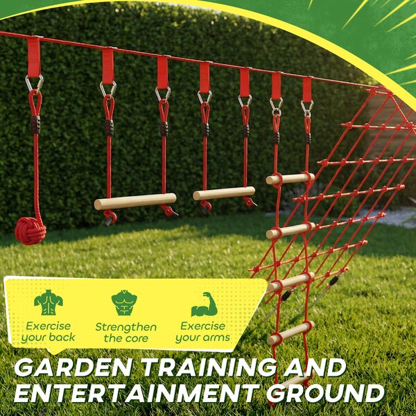 AIYAPLAY Ninja Line Set Slackline per Bambini 10 m con Anelli, Altalena, Scala da Arrampicata, Rete da Arrampicata per 3-6 anni 1000x300x180 cm Rosso | Aosom Italy