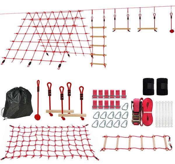 AIYAPLAY Ninja Line Set Slackline per Bambini 10 m con Anelli, Altalena, Scala da Arrampicata, Rete da Arrampicata per 3-6 anni 1000x300x180 cm Rosso | Aosom Italy