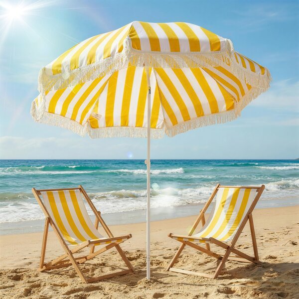 Outsunny Ombrellone da Spiaggia con Frange Ø180 cm Ombrellone per Terrazza Esterno Altezza Regolabile Inclinazione 30° Giallo e Bianco | Aosom Italy