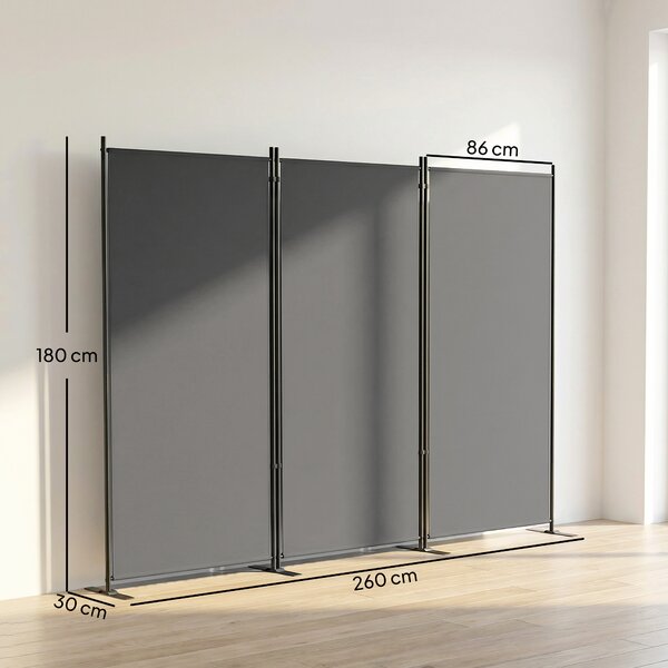 Outsunny Biombo Pieghevole a 3 Pannelli 260x180 cm Biombo Separatore di Ambienti con Struttura Metallica UPF 30+ Grigio Scuro | Aosom Italy