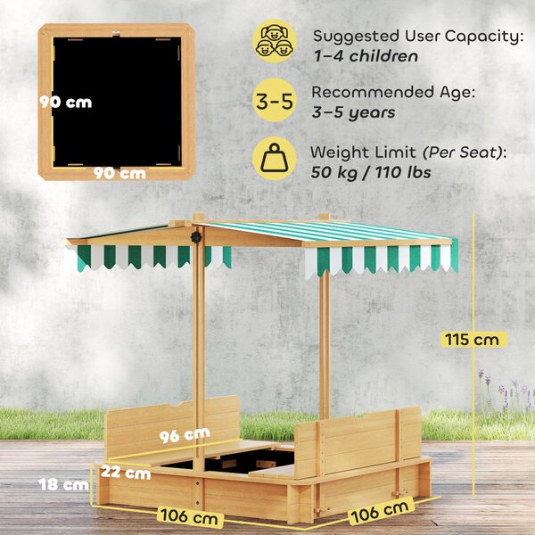 Outsunny Sabbiera 106x106 cm per bambini in legno con copertura regolabile in altezza panchine schienali Marrone chiaro | Aosom Italy