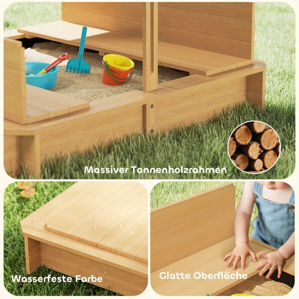 Outsunny Sabbiera 106x106 cm per bambini in legno con copertura regolabile in altezza panchine schienali Marrone chiaro | Aosom Italy