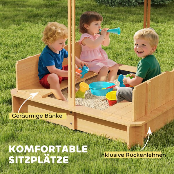 Outsunny Sabbiera 106x106 cm per bambini in legno con copertura regolabile in altezza panchine schienali Marrone chiaro | Aosom Italy
