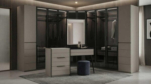Armadio a specchio, tavolino da trucco, beige, nero, design moderno ed elegante, con vetro e illuminazione a LED