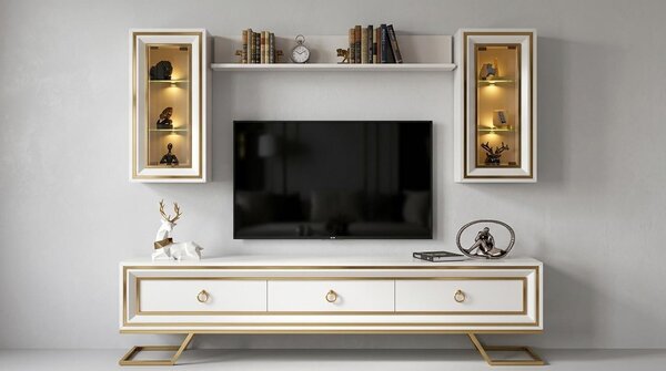 Mobile TV a parete, pensile, scaffale, stile moderno, bianco, comodo, per soggiorno, vetro