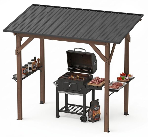 KOMFOTTEU, Gazebo in legno per barbecue, con copertura e 2 ripiani laterali, tetto in metallo inclinato, struttura per barbecue da esterno resistente alle intemperie, ideale per terrazza, giardino, prato o cortile, dimensioni 263 x 151 x 223 cm