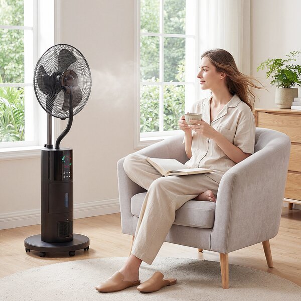 HOMCOM Ventilatore a piantana 4-in-1 con nebulizzazione d'acqua, purificatore d'aria, protezione anti-zanzare, timer 9 ore, 3 modalità, telecomando, Nero | Aosom Italy