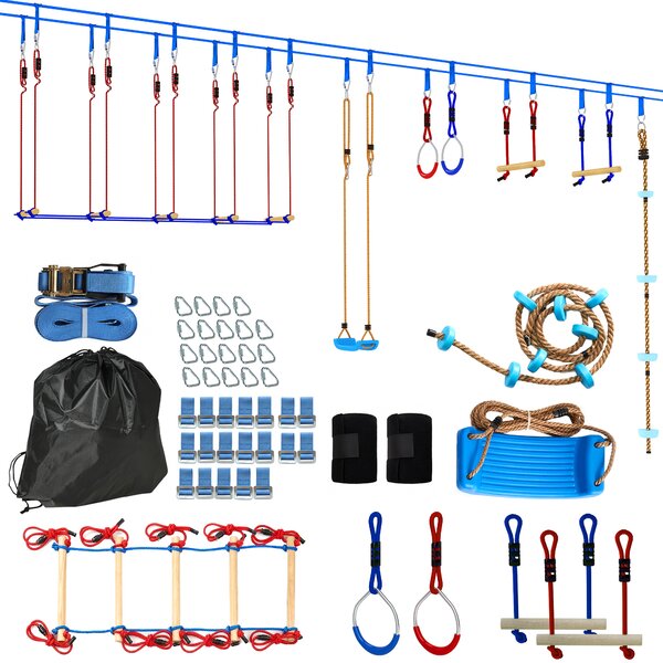 AIYAPLAY Ninja Line Set Slackline per bambini 24 m con anelli ginnici, 7 ostacoli, sbarra da arrampicata, ponte d'equilibrio per 3-6 anni Rosso+Blu | Aosom Italy