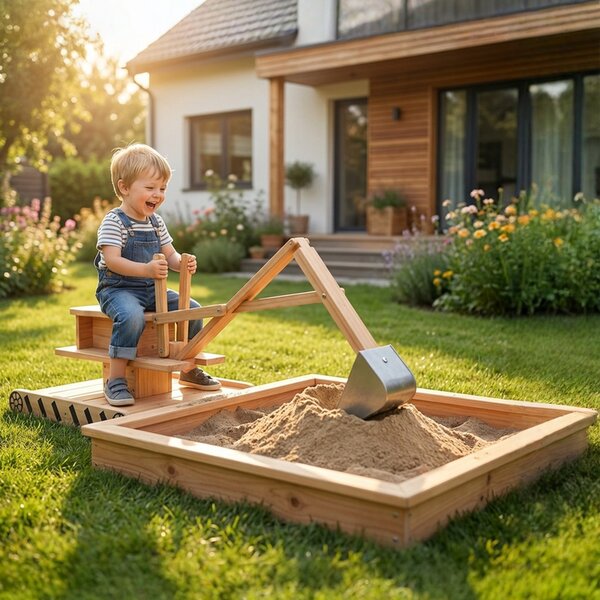 AIYAPLAY Sabbiera per Bambini in Legno con Escavatore Sabbiera Infantile con Sedile Girevole 360° e Rivestimento 184x90x56 cm Naturale | Aosom Italy
