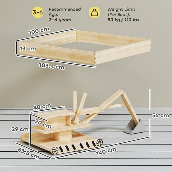 AIYAPLAY Sabbiera per Bambini in Legno con Escavatore Sabbiera Infantile con Sedile Girevole 360° e Rivestimento 184x90x56 cm Naturale | Aosom Italy