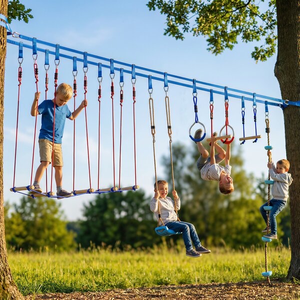 AIYAPLAY Ninja Line Set Slackline per bambini 24 m con anelli ginnici, 7 ostacoli, sbarra da arrampicata, ponte d'equilibrio per 3-6 anni Rosso+Blu | Aosom Italy