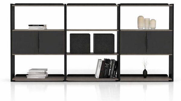 Libreria a parete, sistema scaffali, mobile contenitore, design moderno, colore nero