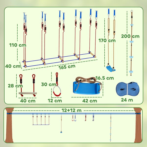 AIYAPLAY Ninja Line Set Slackline per bambini 24 m con anelli ginnici, 7 ostacoli, sbarra da arrampicata, ponte d'equilibrio per 3-6 anni Rosso+Blu | Aosom Italy