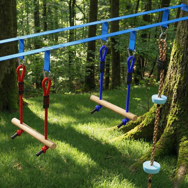 AIYAPLAY Ninja Line Set Slackline per bambini 24 m con anelli ginnici, 7 ostacoli, sbarra da arrampicata, ponte d'equilibrio per 3-6 anni Rosso+Blu | Aosom Italy