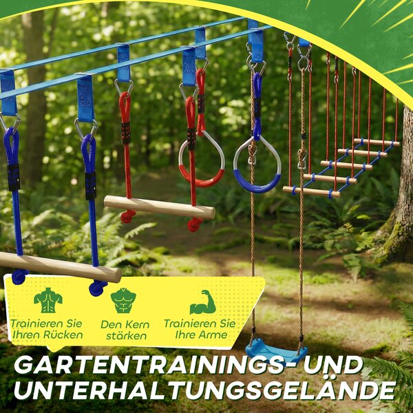 AIYAPLAY Ninja Line Set Slackline per bambini 24 m con anelli ginnici, 7 ostacoli, sbarra da arrampicata, ponte d'equilibrio per 3-6 anni Rosso+Blu | Aosom Italy