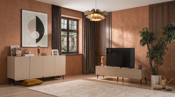 Set di mobili da soggiorno color beige, composto da: mobile TV, consolle in legno, mobili per la TV, design moderno, angolo TV