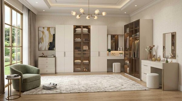 Set per camera da letto beige, moderno, composto da armadio, tavolino da trucco e cassettiera