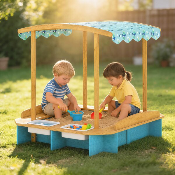 AIYAPLAY Sabbiera per Bambini in Legno con Tetto 3 Panchine 2 Cassette in PP Rivestimento per Bambini 3-6 Anni 128x118x121 cm Blu | Aosom Italy