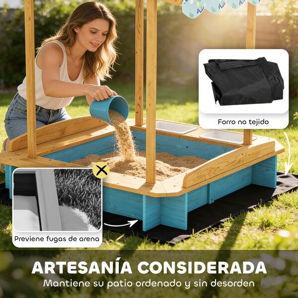 AIYAPLAY Sabbiera per Bambini in Legno con Tetto 3 Panchine 2 Cassette in PP Rivestimento per Bambini 3-6 Anni 128x118x121 cm Blu | Aosom Italy