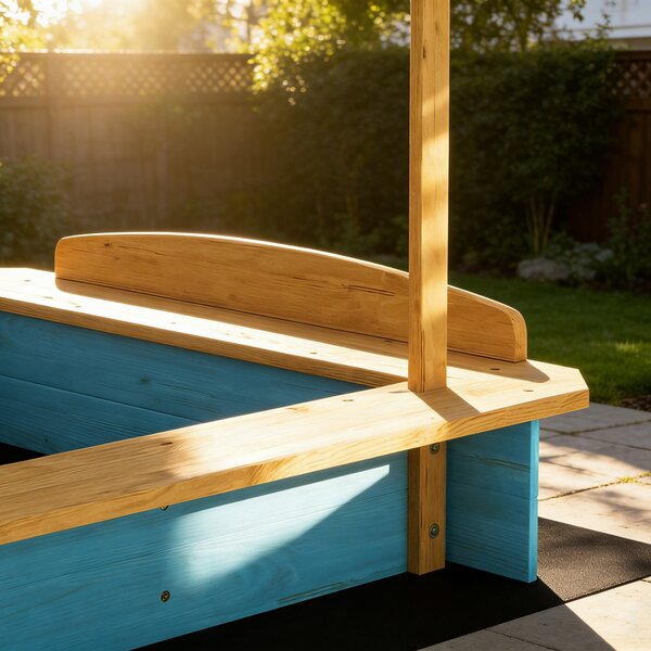 AIYAPLAY Sabbiera per Bambini in Legno con Tetto 3 Panchine 2 Cassette in PP Rivestimento per Bambini 3-6 Anni 128x118x121 cm Blu | Aosom Italy
