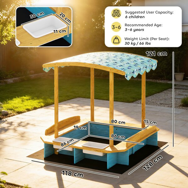 AIYAPLAY Sabbiera per Bambini in Legno con Tetto 3 Panchine 2 Cassette in PP Rivestimento per Bambini 3-6 Anni 128x118x121 cm Blu | Aosom Italy