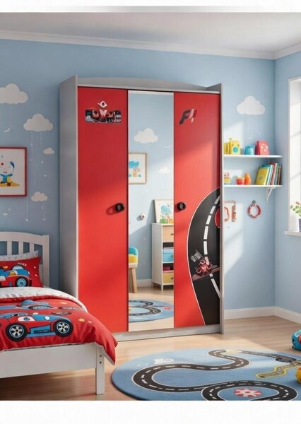 Armadio per bambini con design a forma di auto da corsa, con specchio e spazio contenitivo