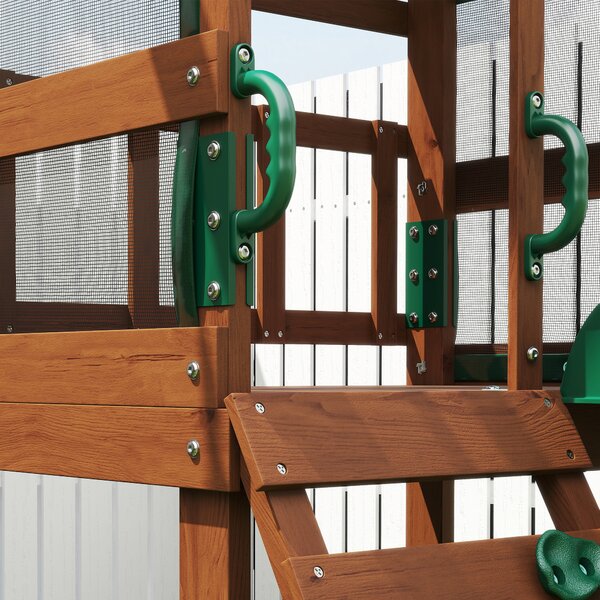 AIYAPLAY Torre gioco struttura d'arrampicata in legno con scivolo 2 altalene parete da arrampicata per 3-8 anni 315x284x233 cm Verde | Aosom Italy