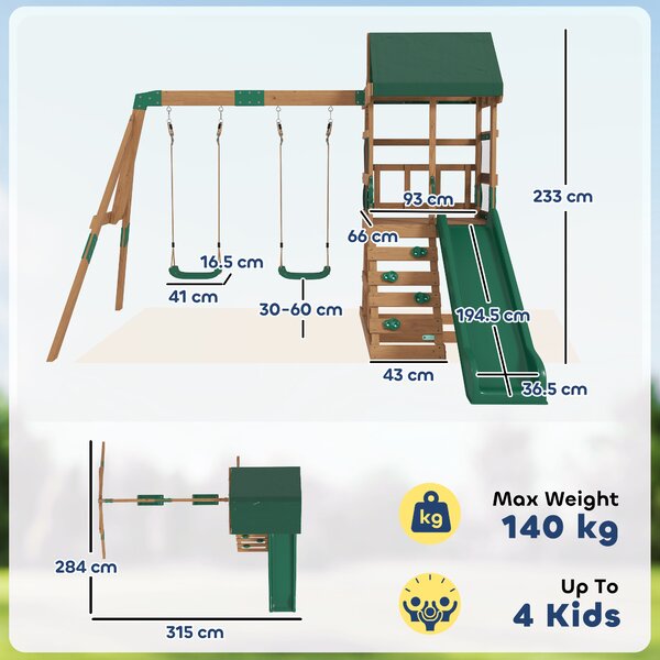 AIYAPLAY Torre gioco struttura d'arrampicata in legno con scivolo 2 altalene parete da arrampicata per 3-8 anni 315x284x233 cm Verde | Aosom Italy
