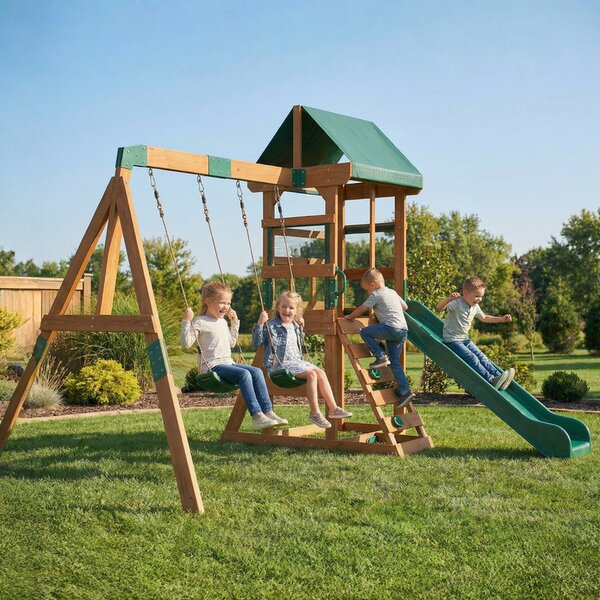 AIYAPLAY Torre gioco struttura d'arrampicata in legno con scivolo 2 altalene parete da arrampicata per 3-8 anni 315x284x233 cm Verde | Aosom Italy