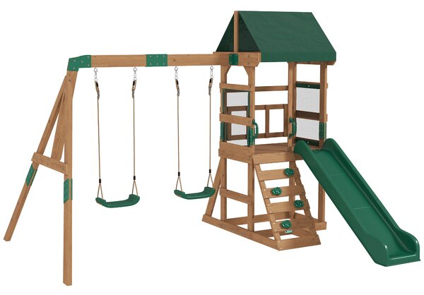 AIYAPLAY Torre gioco struttura d'arrampicata in legno con scivolo 2 altalene parete da arrampicata per 3-8 anni 315x284x233 cm Verde | Aosom Italy
