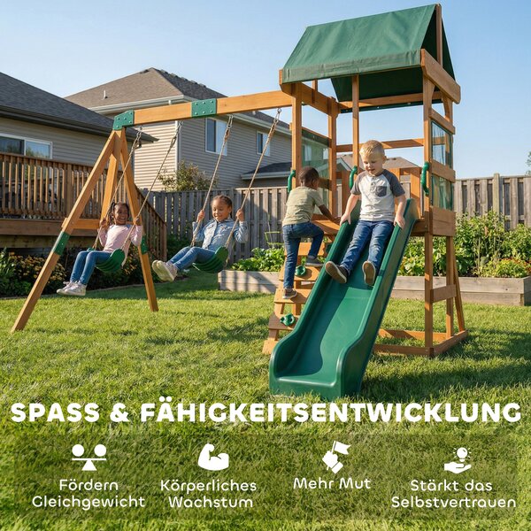 AIYAPLAY Torre gioco struttura d'arrampicata in legno con scivolo 2 altalene parete da arrampicata per 3-8 anni 315x284x233 cm Verde | Aosom Italy