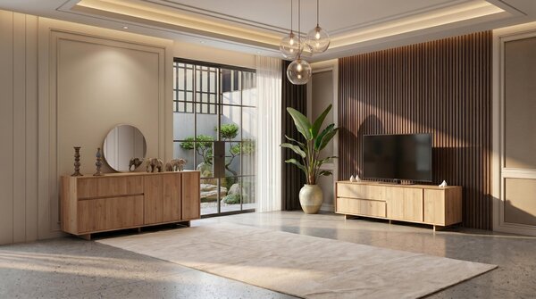 Set di mobili da soggiorno in marrone, elegante, composto da un mobile TV e una consolle
