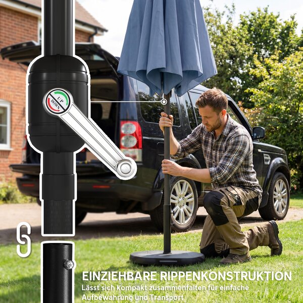 Outsunny Ombrellone Ø295 cm, UV 30+ Ombrellone rotondo per balcone, ombrellone da spiaggia, parasole da mercato per spiaggia balcone giardino, Blu | Aosom Italy