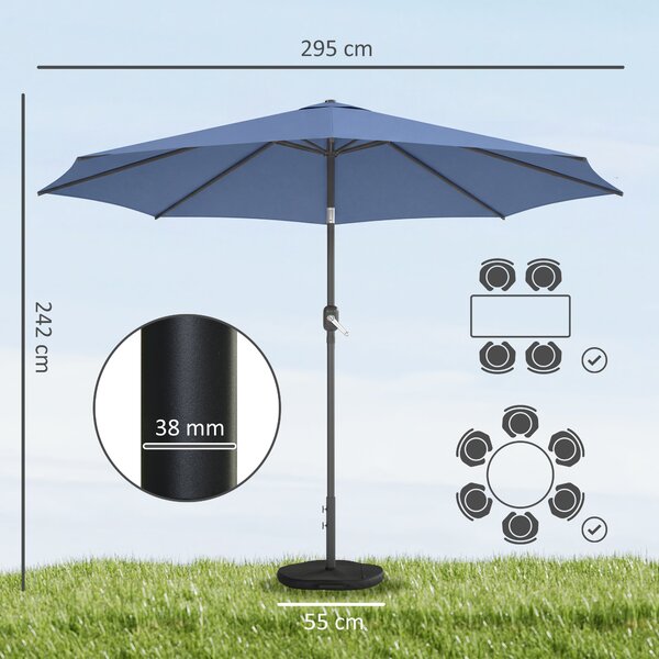 Outsunny Ombrellone Ø295 cm, UV 30+ Ombrellone rotondo per balcone, ombrellone da spiaggia, parasole da mercato per spiaggia balcone giardino, Blu | Aosom Italy