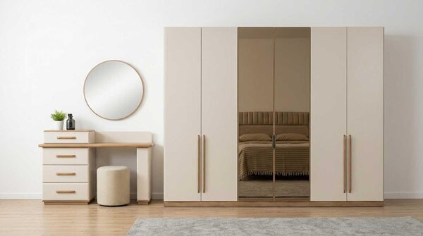 Set per camera da letto beige, moderno, con armadio e tavolino da trucco