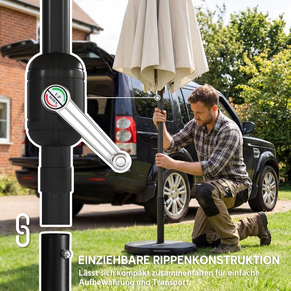Outsunny Ombrellone ca. Ø300 cm inclinabile per balcone con manovella, base a croce e sacco di sabbia, UPF 30+, richiudibile, Bianco crema | Aosom Italy