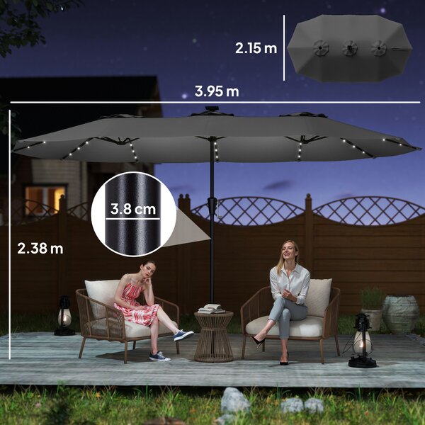 Outsunny Ombrellone Doppio da Giardino 4x2 m con 36 Luci LED UPF50+ Manovella 12 Stecche Resistente all'Acqua Grigio Scuro | Aosom Italy
