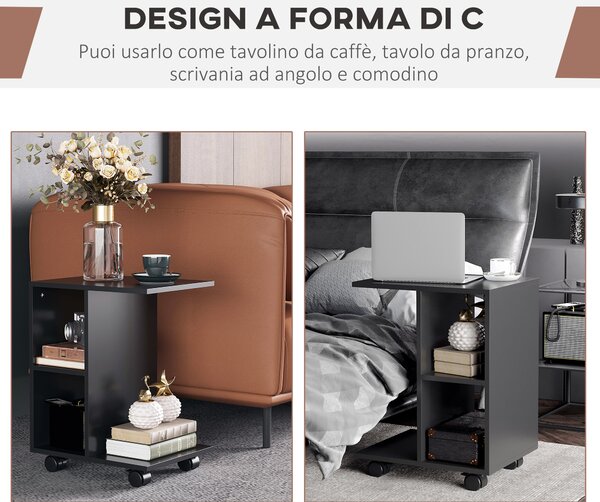 HOMCOM Tavolino da Salotto a C con 2 Ripiani Aperti e 4 Ruote Girevoli, 45x35x58 cm, Nero|Aosom