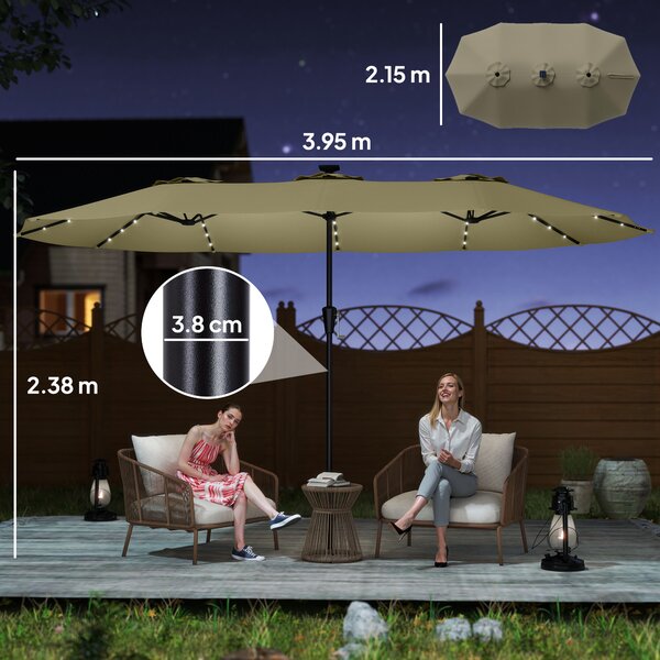 Outsunny Ombrellone Doppio da Giardino 4x2 m con 36 Luci LED UPF50+ Manovella 12 Stecche Resistente all'Acqua Beige | Aosom Italy