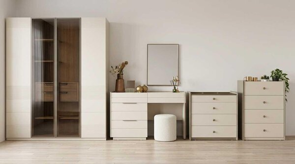 Set per camera da letto beige, moderno, composto da armadio, comodini e specchio