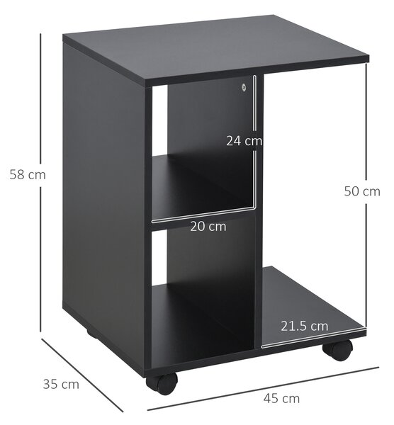 HOMCOM Tavolino da Salotto a C con 2 Ripiani Aperti e 4 Ruote Girevoli, 45x35x58 cm, Nero|Aosom