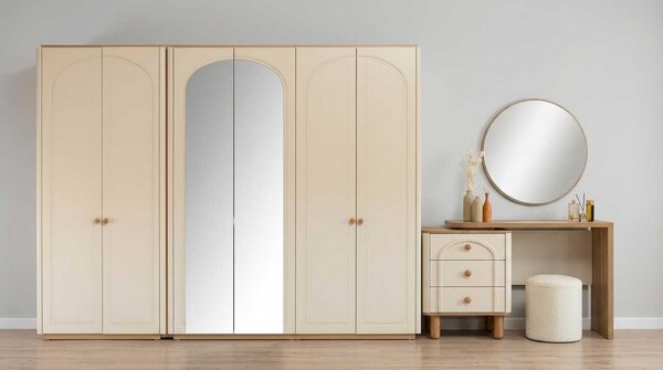 Armadio, tavolino da trucco, set beige, design moderno, lusso, specchio, sgabello