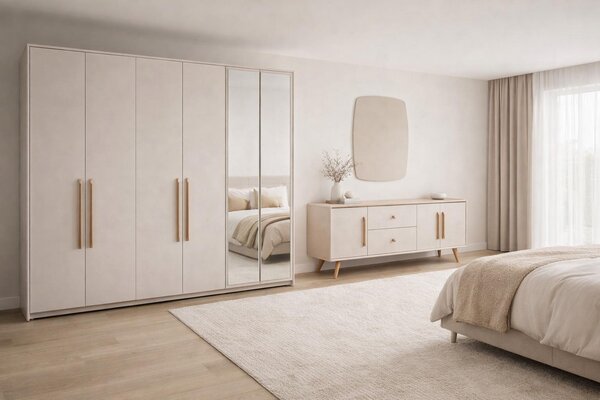 Set completo per camera da letto composto da: armadio grande, consolle in legno bianco e specchio