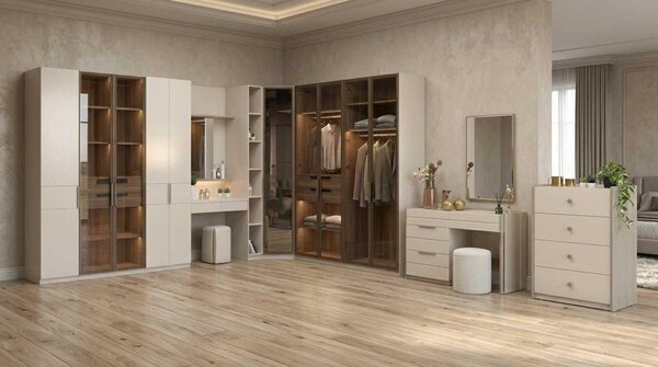 Set per camera da letto beige, moderno, composto da armadio, comò e tavolino da trucco